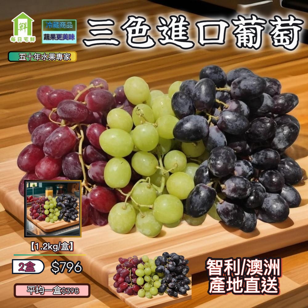 【每日宅鮮】澳洲/智利 進口紅葡萄+黑無籽+秋脆綠無籽(1.2Kg±5% x2盒 三色進口葡萄)