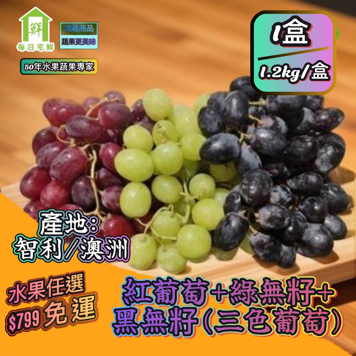 【每日宅鮮】任選$799免運 紅葡萄+黑無籽+秋脆綠無籽(1.2Kg±5% x1盒 三色進口葡萄)