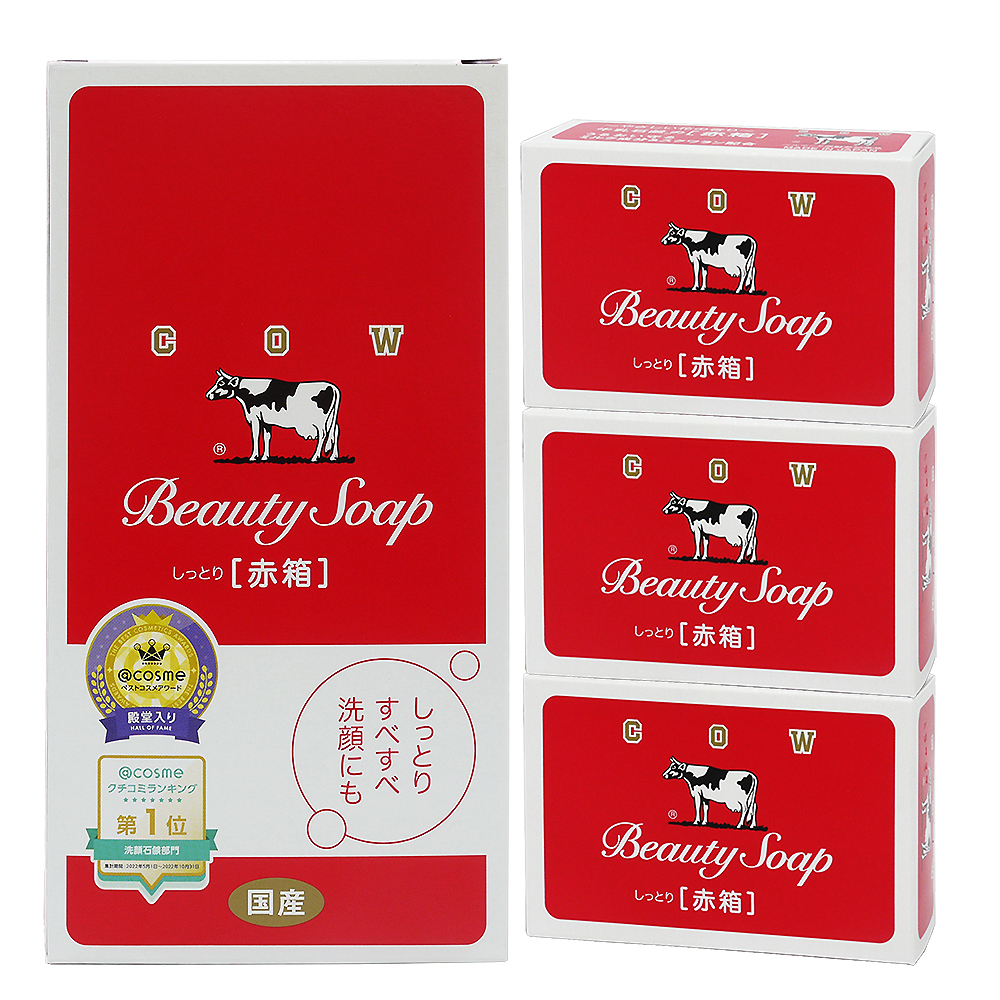 日本 COW牛乳石鹼滋潤香皂 玫瑰滋潤-紅色 (90g*3入)