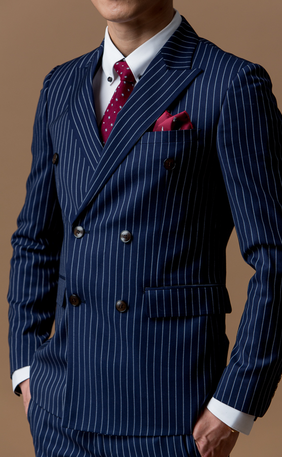 5033 直條紋雙排扣西裝外套 深藍