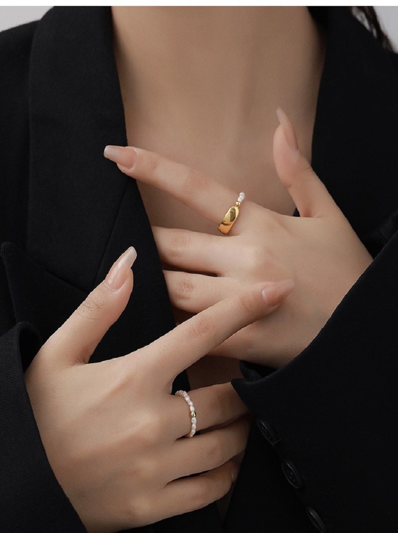 歐美個性簡約珍珠金屬拼接戒指,氣質,百搭,時尚,K金色,HBBS9842