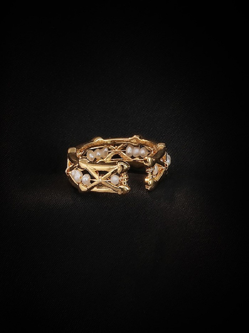 簡約輕奢K金色開口珍珠戒指