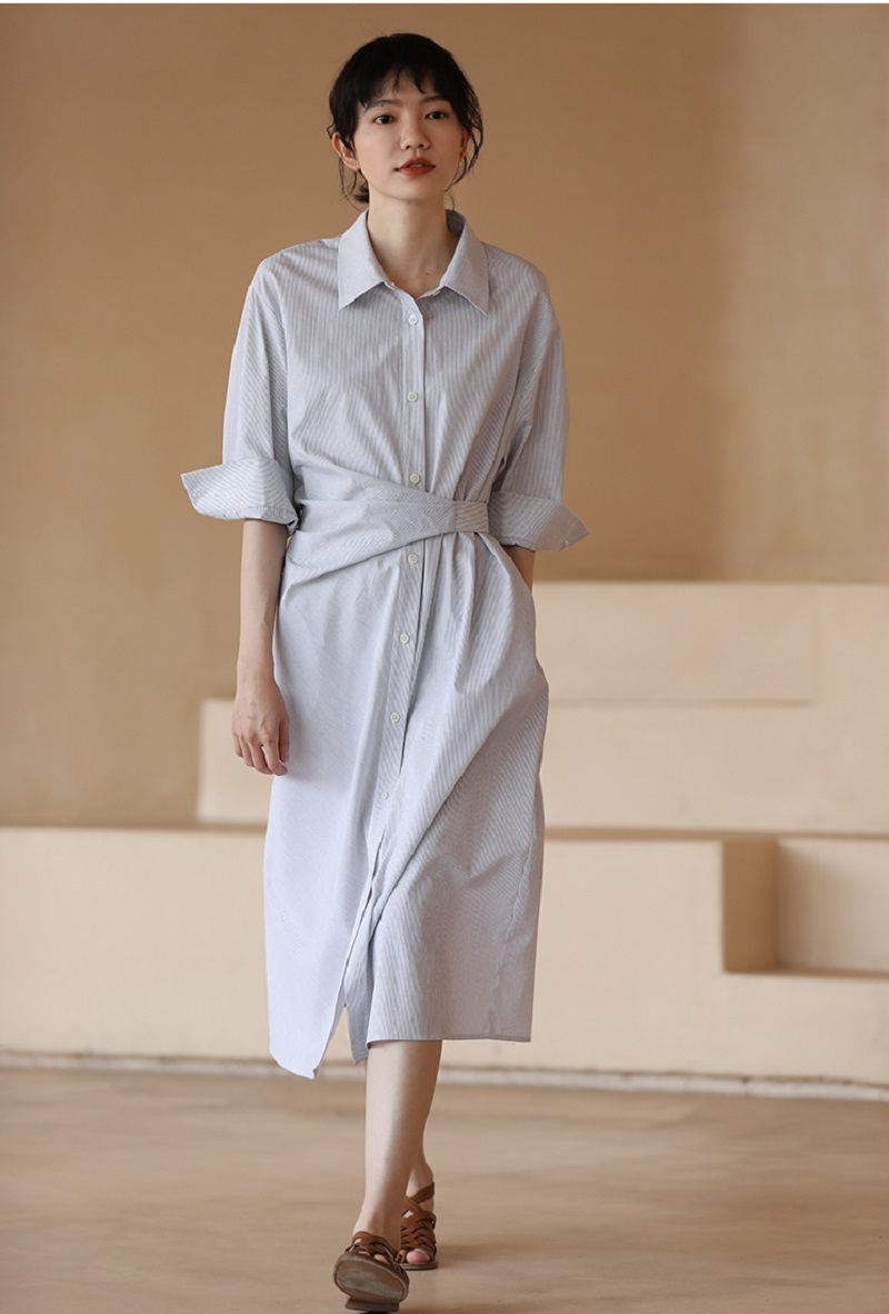 法式清水條紋簡潔大方全棉腰帶設計通勤襯衫連身裙