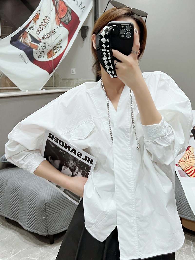 棉質V領寬鬆蝙蝠袖慵懶設計感襯衫上衣
