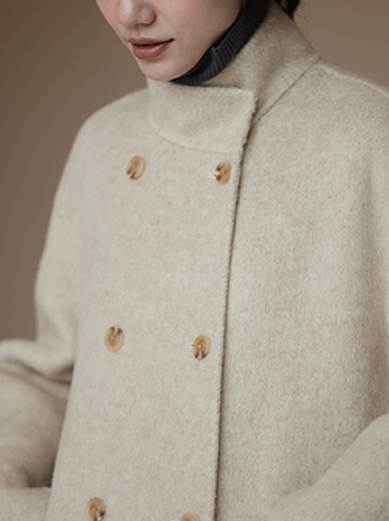 瓷花紗真絲駝絨羊毛混紡立領雙排扣雙面大衣