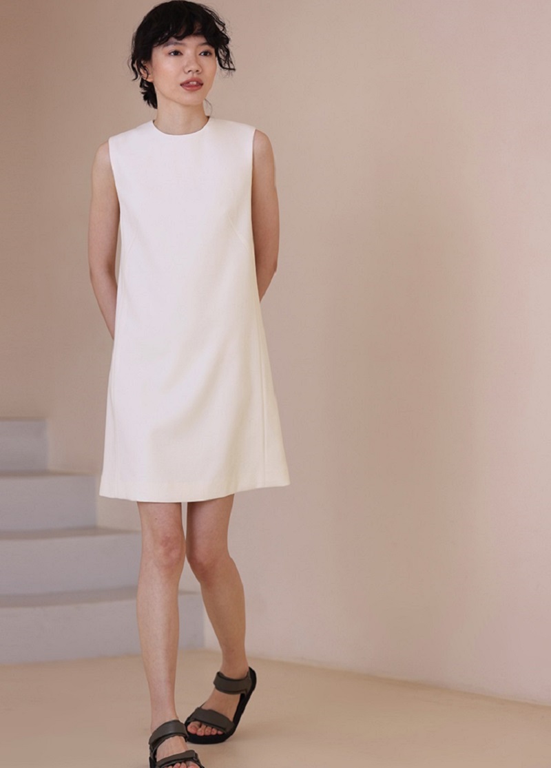 溫格妮白簡約精緻法式氣質背心連身裙洋裝