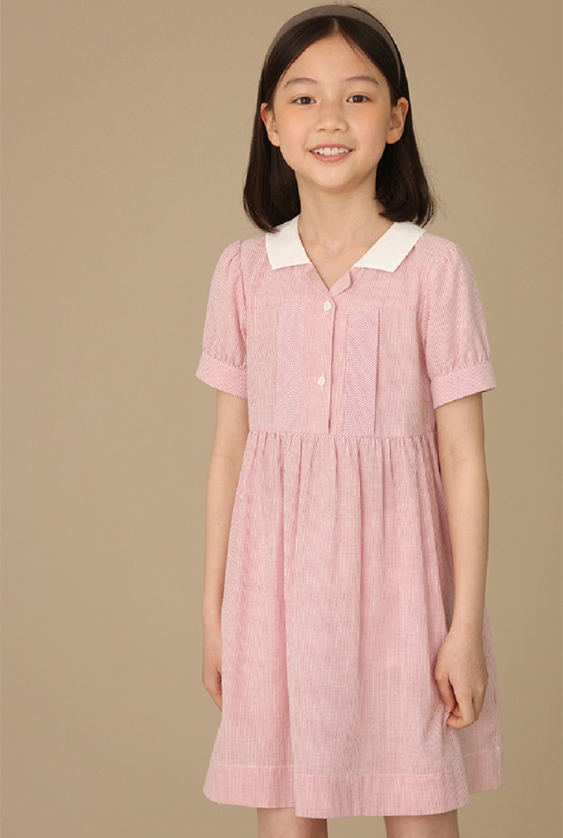 撞色小翻領親子甜美粉色短袖條紋襯衫連身裙洋裝,法式甜美,洋裝,清新,復古風,少女