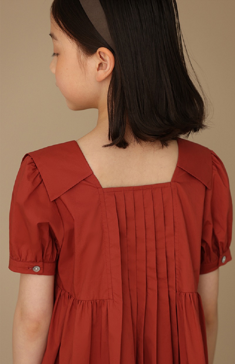 紅色氣質壓褶純棉泡泡袖休閒方領連身裙洋裝