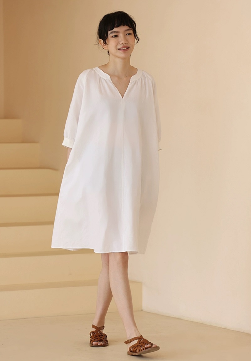 白荔枝裙子酵洗亞麻棉V領寬鬆腰帶顯瘦連身裙洋裝
