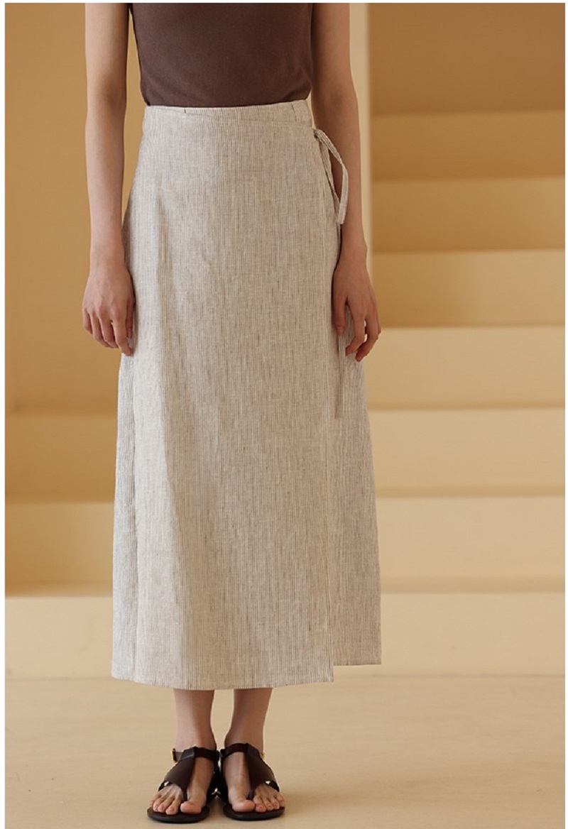 延綿山巒100%亞麻細野條紋圍裹式顯瘦中長裙