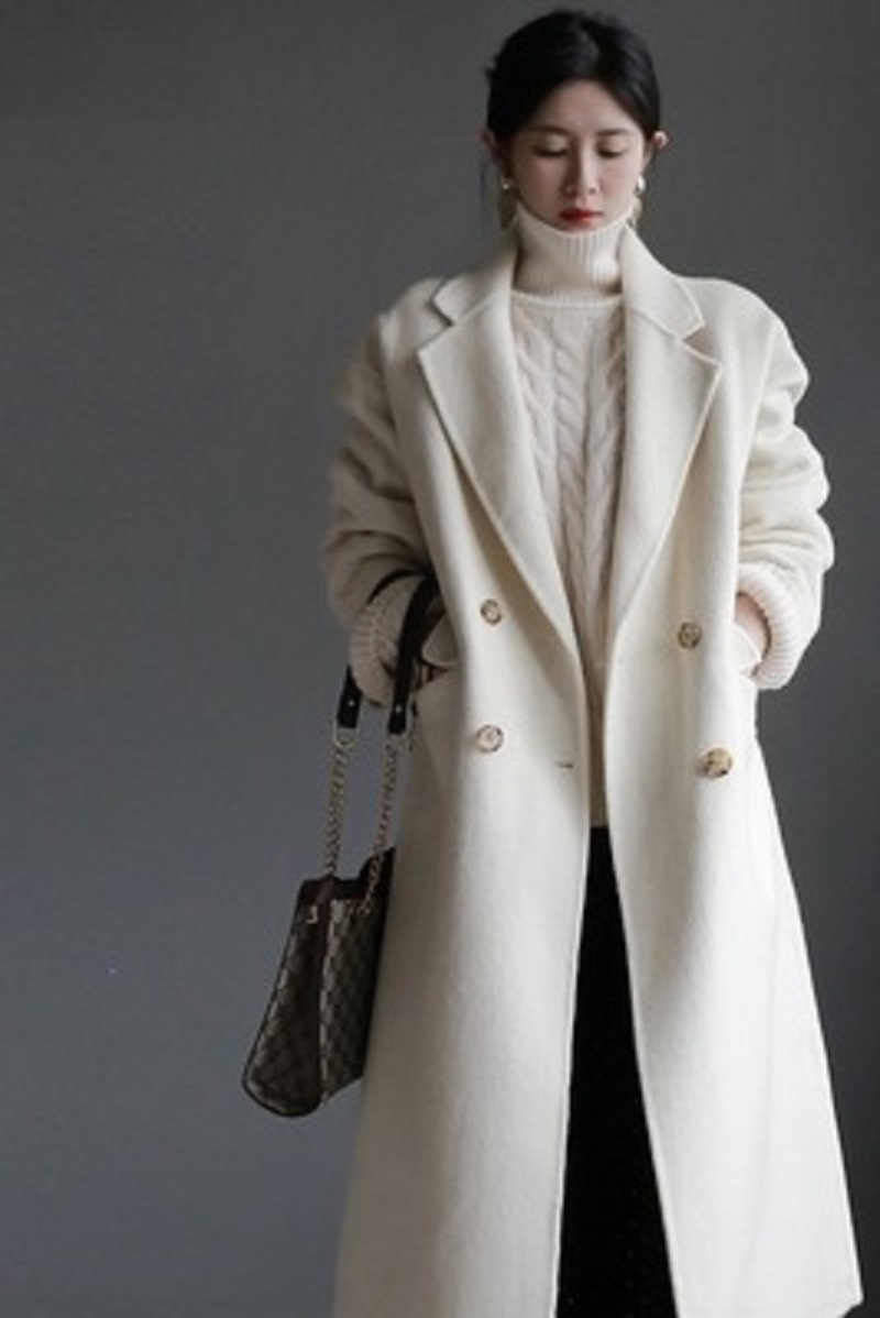 高級感秋冬雙面羊毛大衣女中長繭型寬鬆簡約毛呢外套