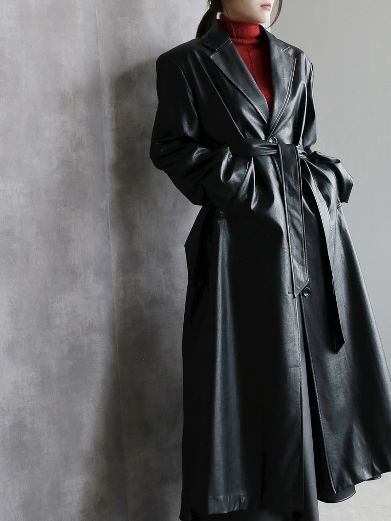 秋季新款西裝領長pu皮衣外套女氣質風衣寬鬆氣質大衣