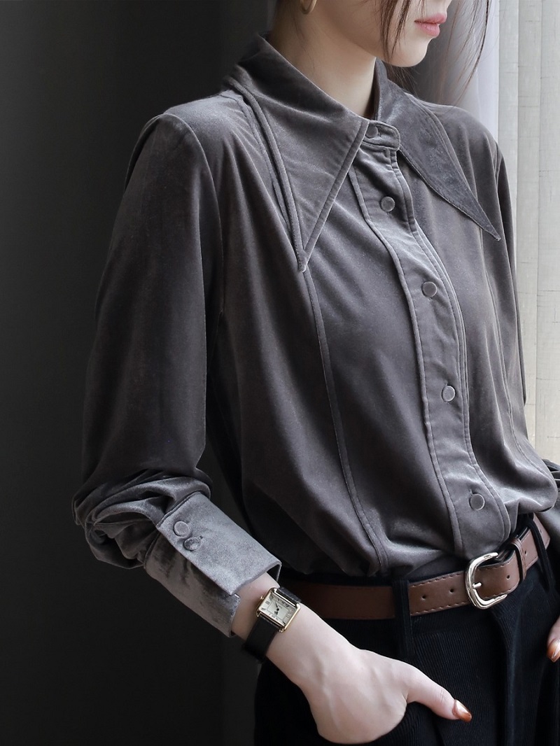高級感法國大尖領設計秋冬垂感鎏金光澤絲絨通勤襯衫