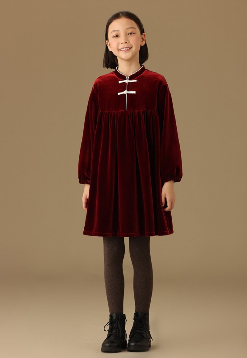 秋季新品氣質紅色國風盤扣絲絨裙復古新中式連身裙洋裝