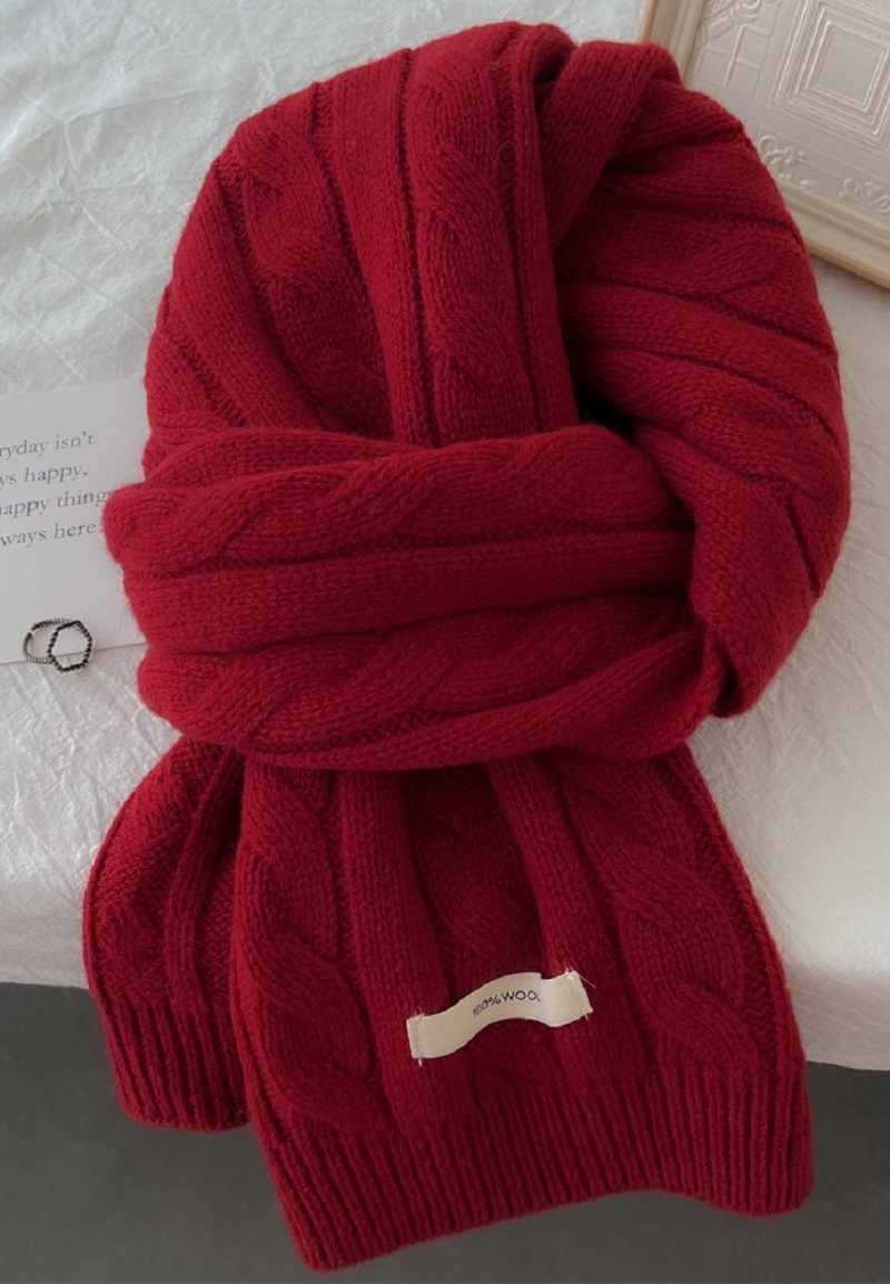 紅色新年圍巾女冬季100%羊毛麻花紋聖誕針織圍脖韓版加厚保暖