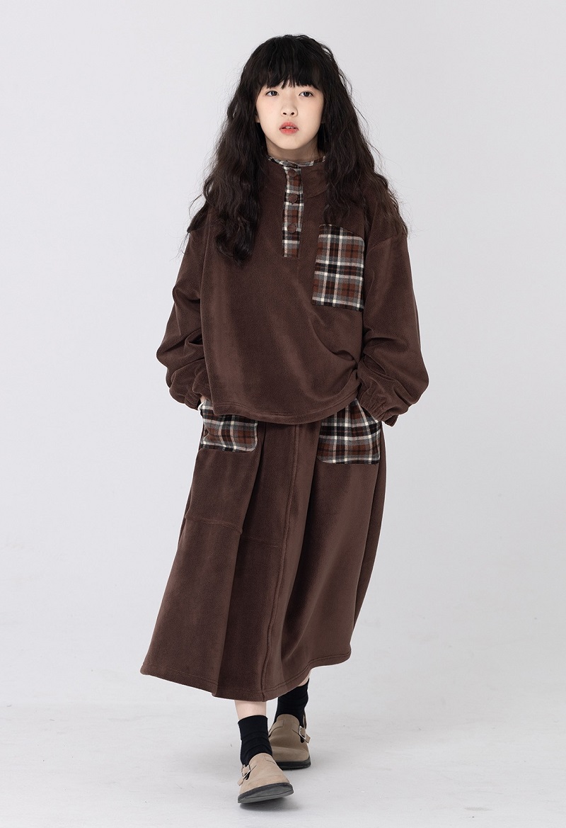 麻豆棕色奧粒絨套裝冬女童一體絨衛衣+半裙兩件套