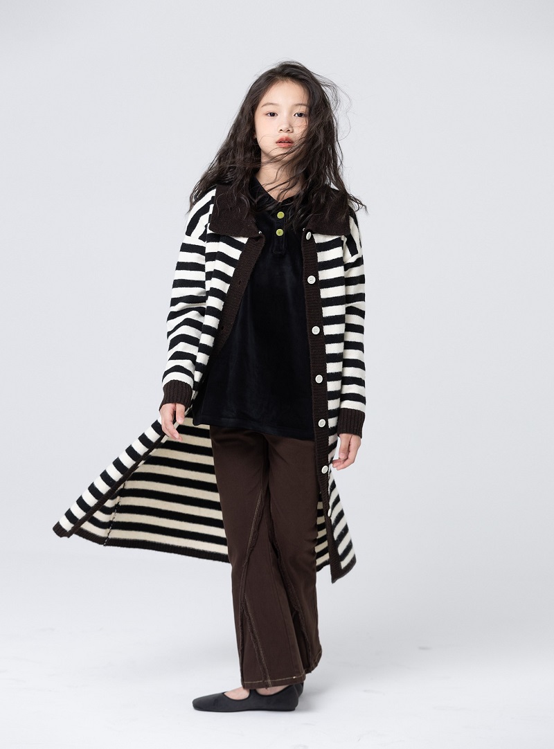 黑白條紋長針織衫秋冬女童氣質韓版毛衣外套