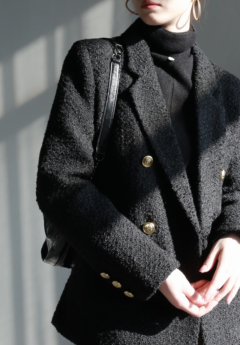 黑色小眾高級感冬季新款羊毛粗呢西裝羽絨外套