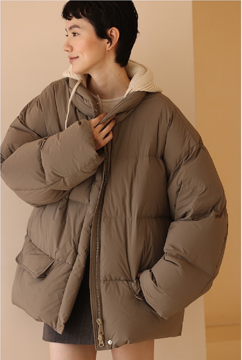 溫暖橡樹咖格紋內里寬鬆加厚暖暖90%白鴨絨休閒羽絨外套