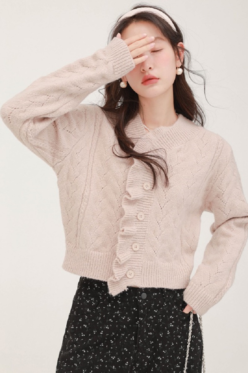 法式荷葉邊毛衣外套女冬季新品慵懶風粉色針織開襟衫