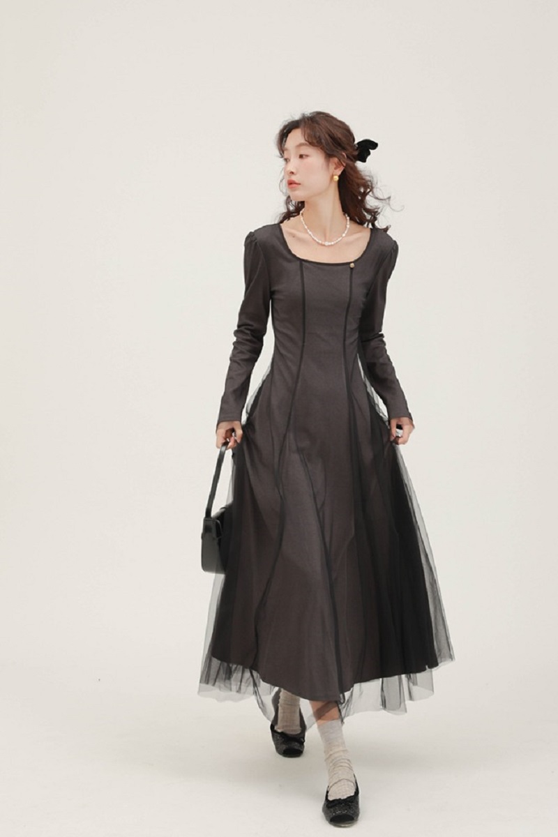 法式雙層網紗設計感長袖連身裙女秋冬灰色內搭打底裙洋裝