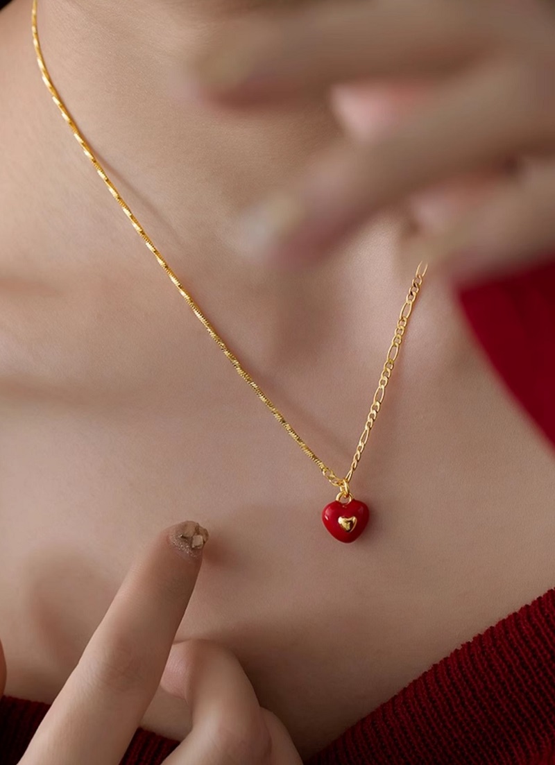 新年紅色滴釉愛心項鍊女小眾高級感設計輕奢氣質新品鍍k金鎖骨鏈