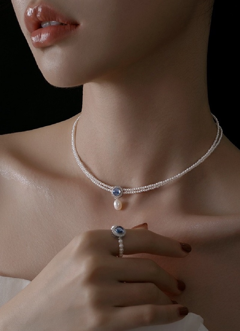 海藍寶吊墜珍珠項鍊女高級氣質雙層設計感輕奢s925純銀鎖骨鏈
