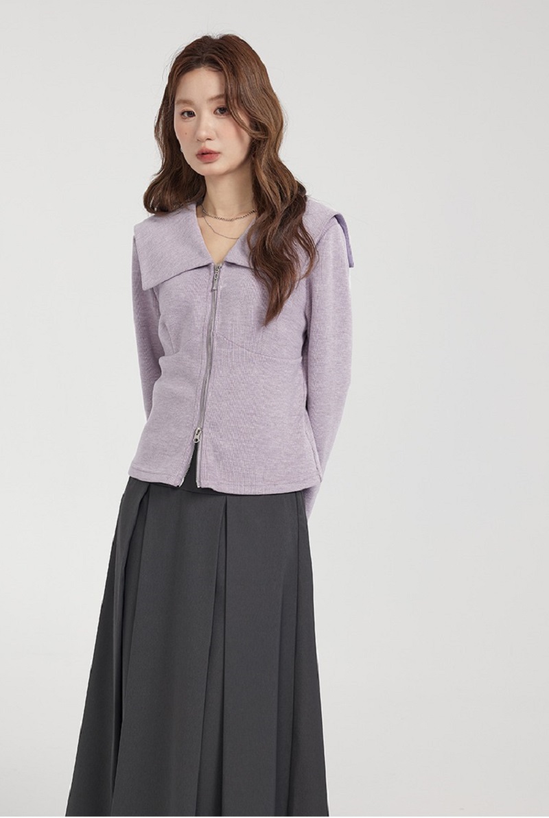 大尺碼紫色拉鍊針織衫春款女裝新品法式上衣別緻絕美小衫外套