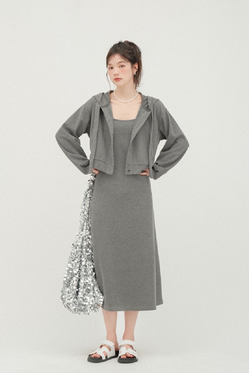灰色吊帶洋裝女衛衣外套兩件套裝春裝新品裙子連身裙