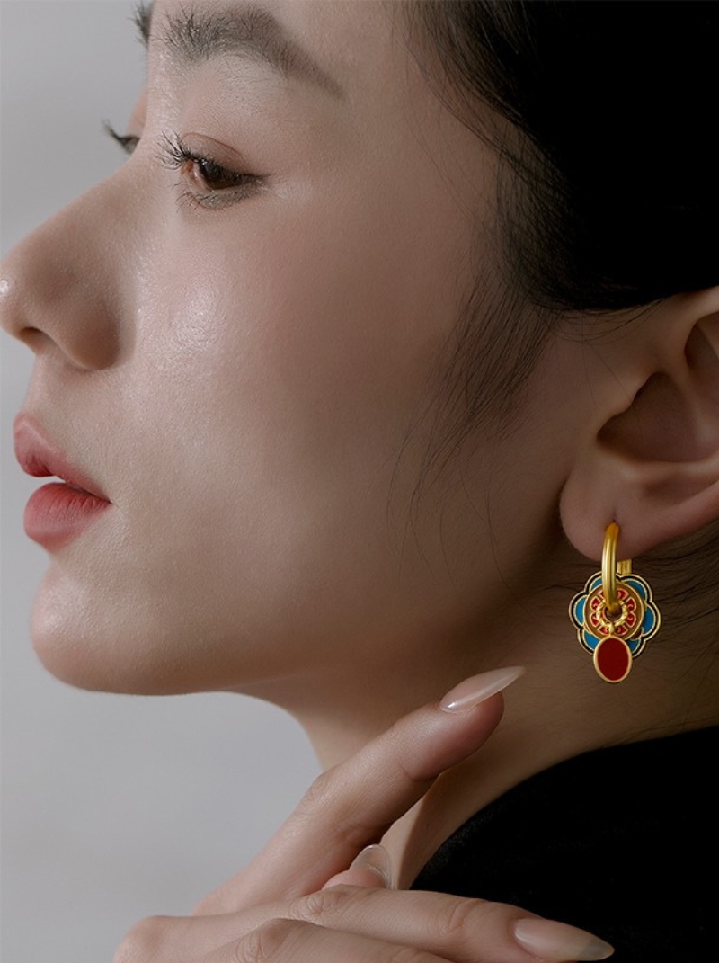 中式復古宮廷印花設計耳環女春夏新品小眾滴釉耳圈耳飾