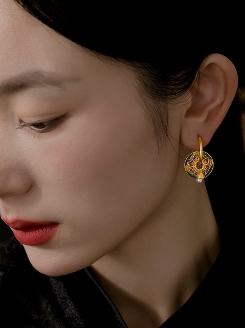 新品中式彩色滴釉設計花瓣珍珠耳環女復古文藝一款多戴耳圈耳飾
