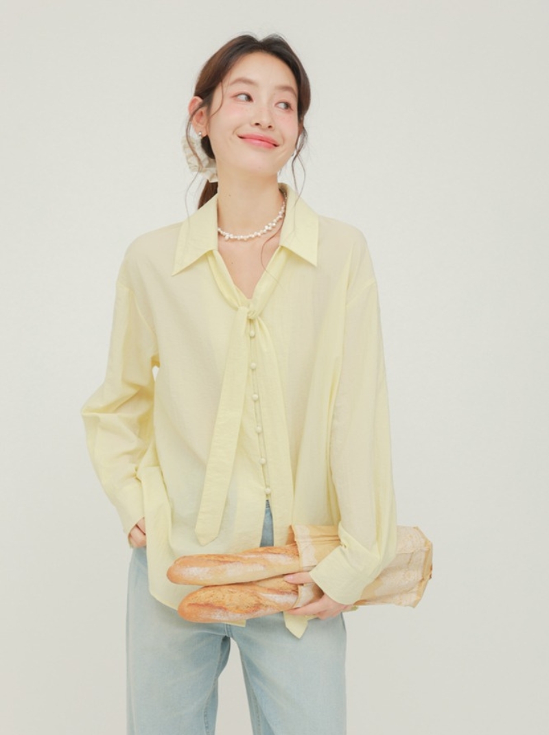 法式獨特長袖襯衫女夏季黃色氣質薄款襯衫寬鬆上衣小衫