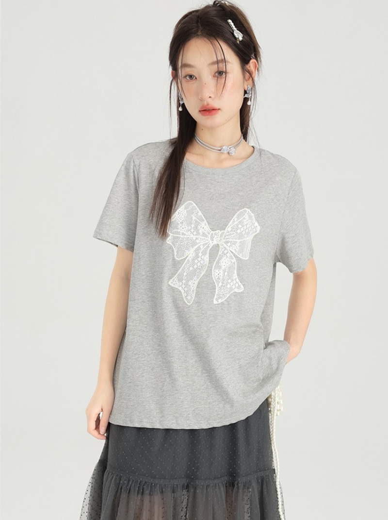 韓版大尺碼正肩灰色T卹女新品設計感夏裝蝴蝶結短袖上衣