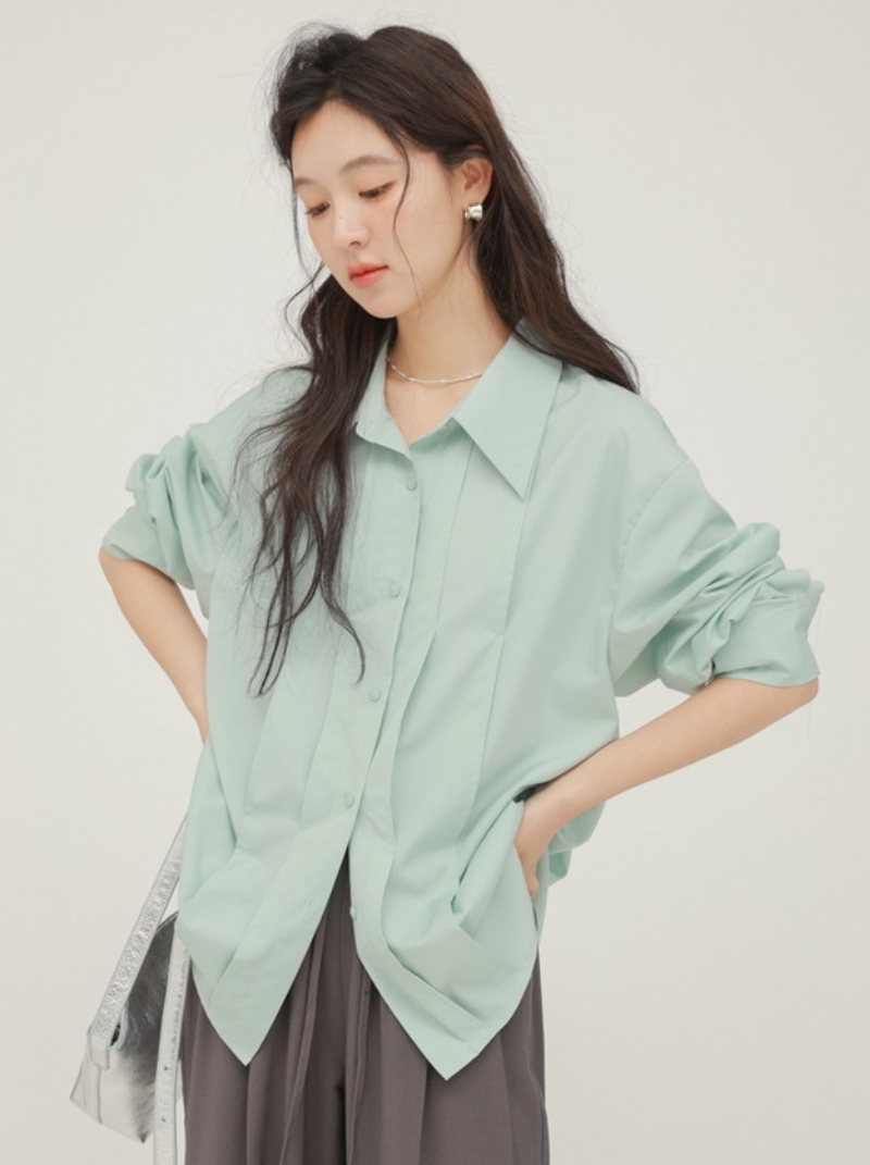 法式復古立體打褶設計感小眾長袖襯衫女綠色上衣