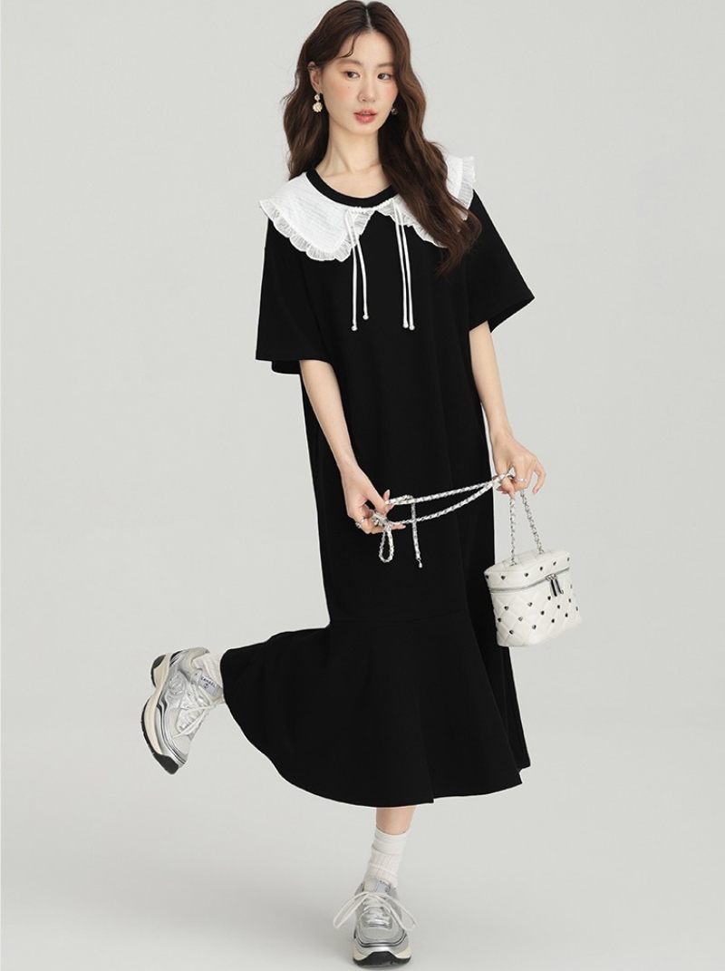 大尺碼黑色洋裝新品女設計感寬鬆荷葉邊梨形身材長裙連身裙