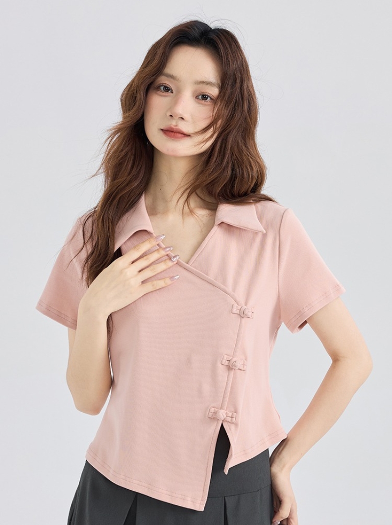 粉紅短袖T卹女新品復古中國風盤扣別緻上衣