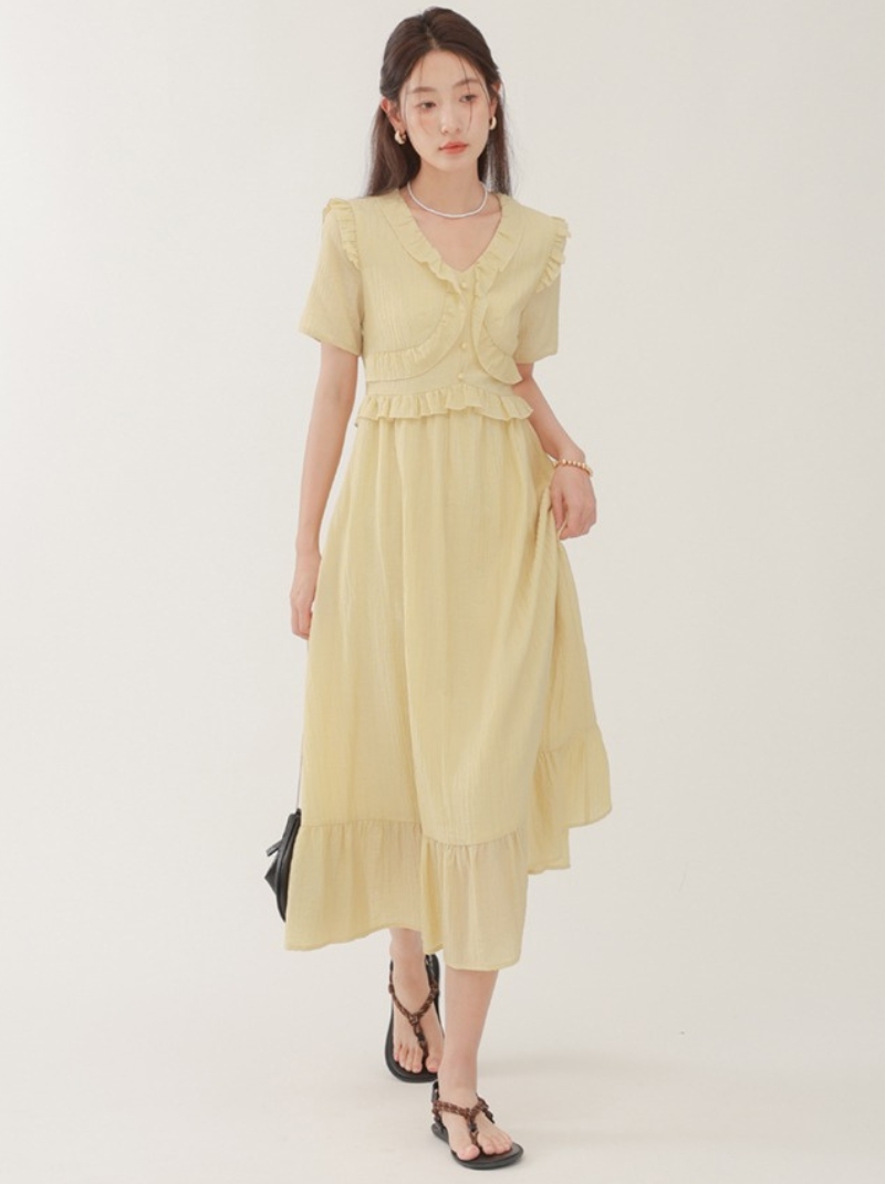法式茶歇桔梗荷葉邊短袖連身裙女黃色中長款裙子洋裝