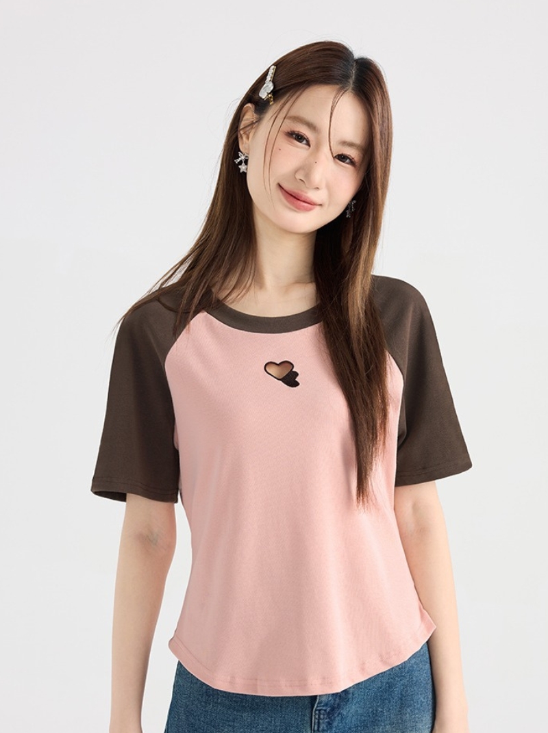 大尺碼粉紅寬鬆短袖T卹女新品韓版鏤空愛心休閒上衣