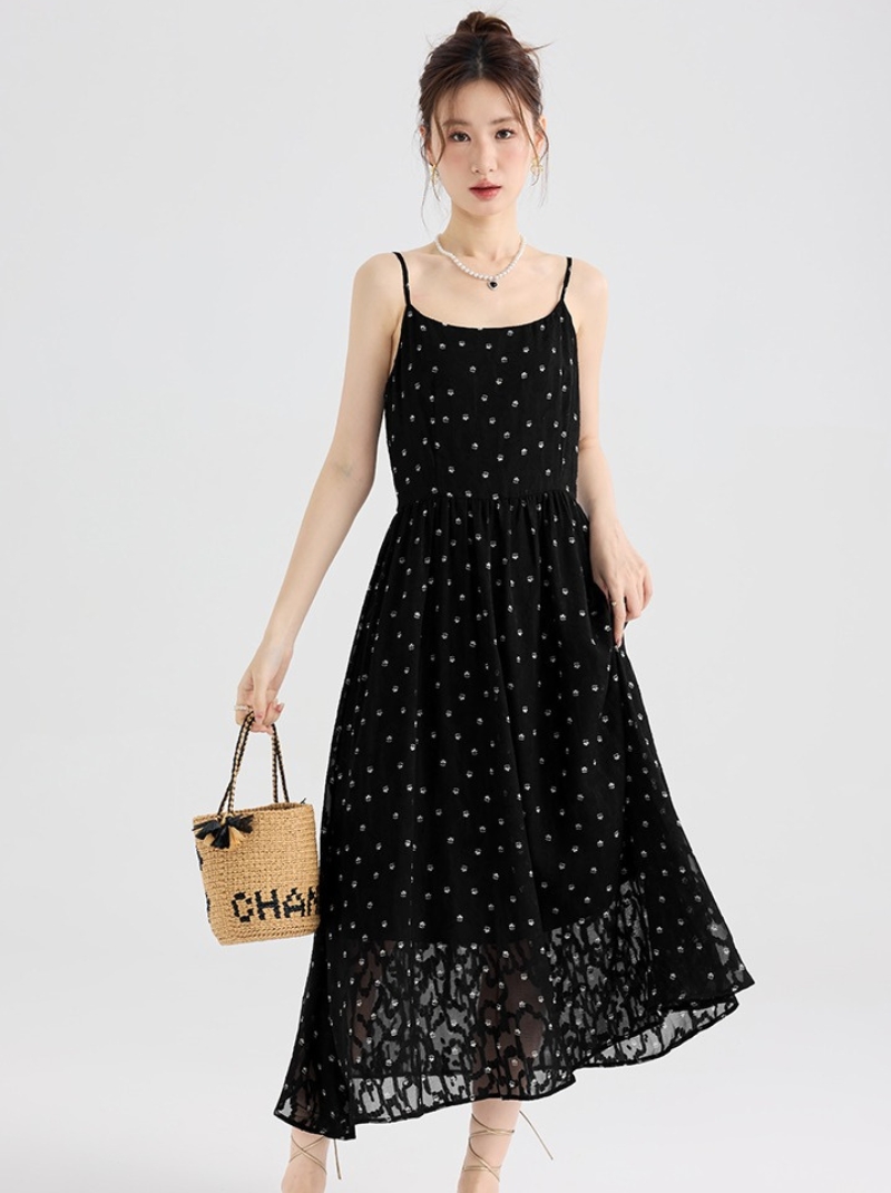 大尺碼胖mm吊帶裙新品女法式高級感黑色碎花連身裙洋裝