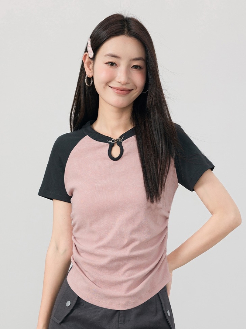 新品中國風女裝改良盤扣短袖T卹時尚洋氣粉色上衣
