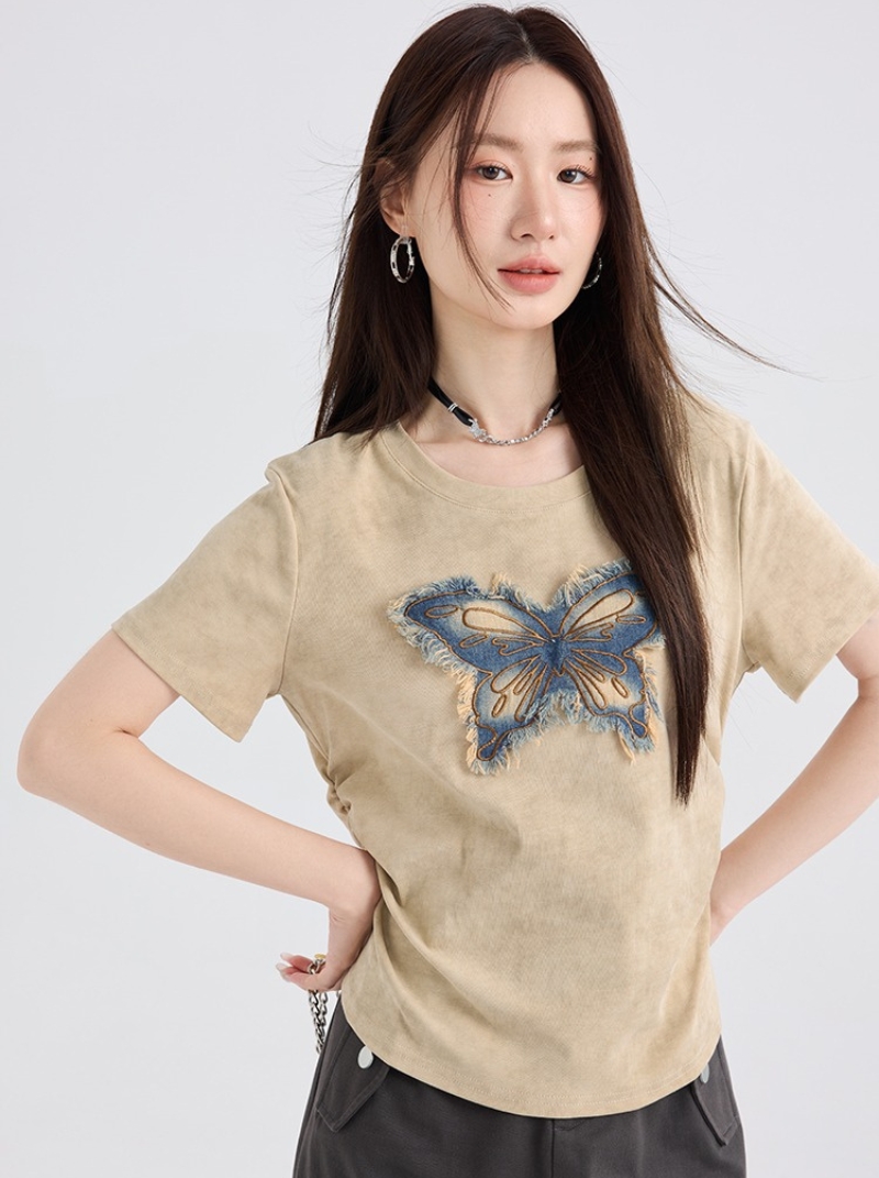 蝴蝶短袖T卹新品女裝設計感小眾甜辣胖mm大尺碼上衣