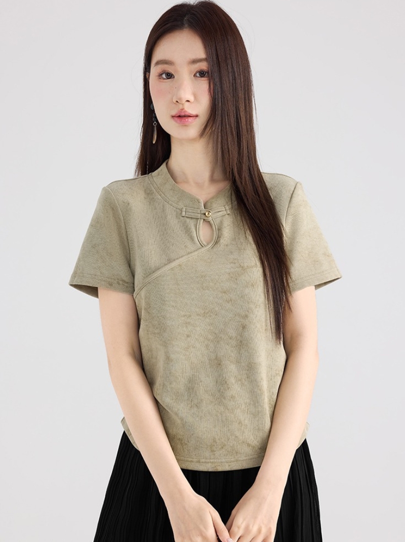 大尺碼中國風鏤空立領盤扣短袖T卹女新品綠色上衣