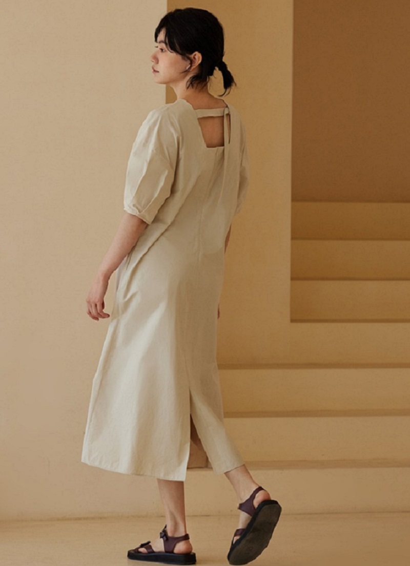 雅致茶系梨形遮肉輕露背設計100%棉圓領寬鬆通勤連身裙洋裝