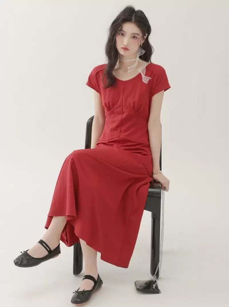法式復古短袖紅色洋裝女新品收腰顯瘦長裙