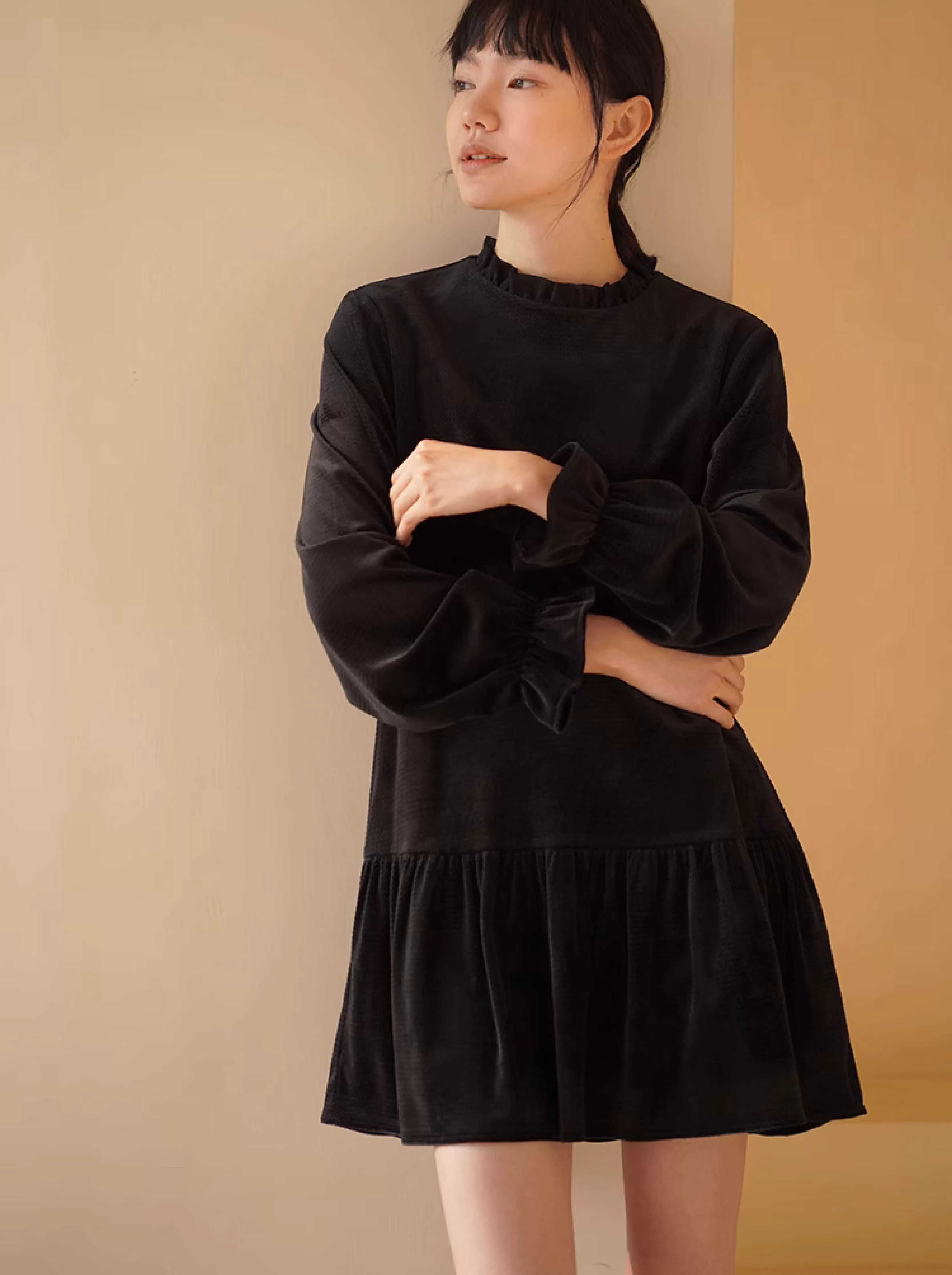 少女宴會洋裝氛圍霧面絲絨蕾絲飄帶設計寬鬆顯瘦裙子