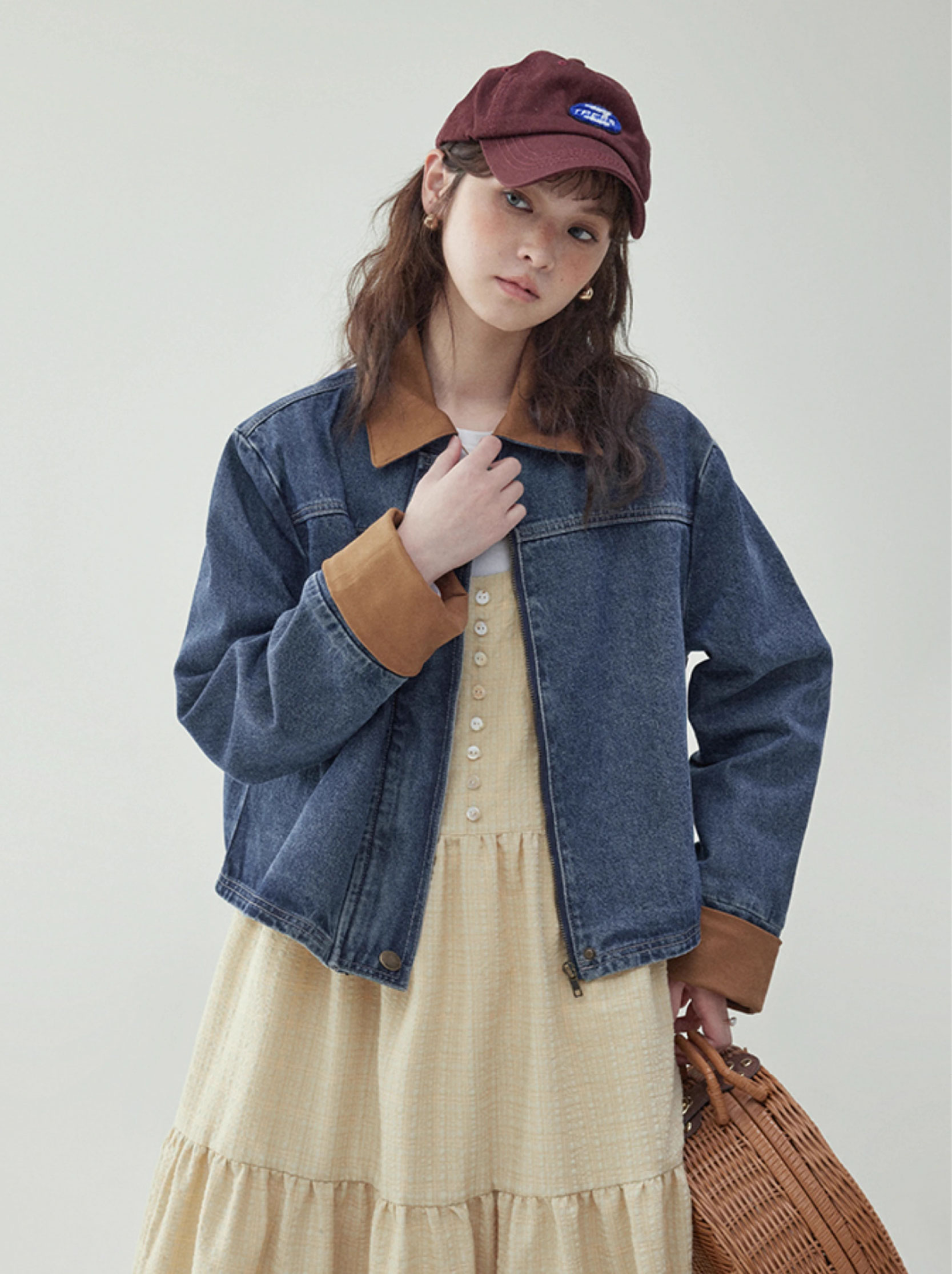 撞色拼接短拉鍊牛仔外套女25春季新款復古外套上衣