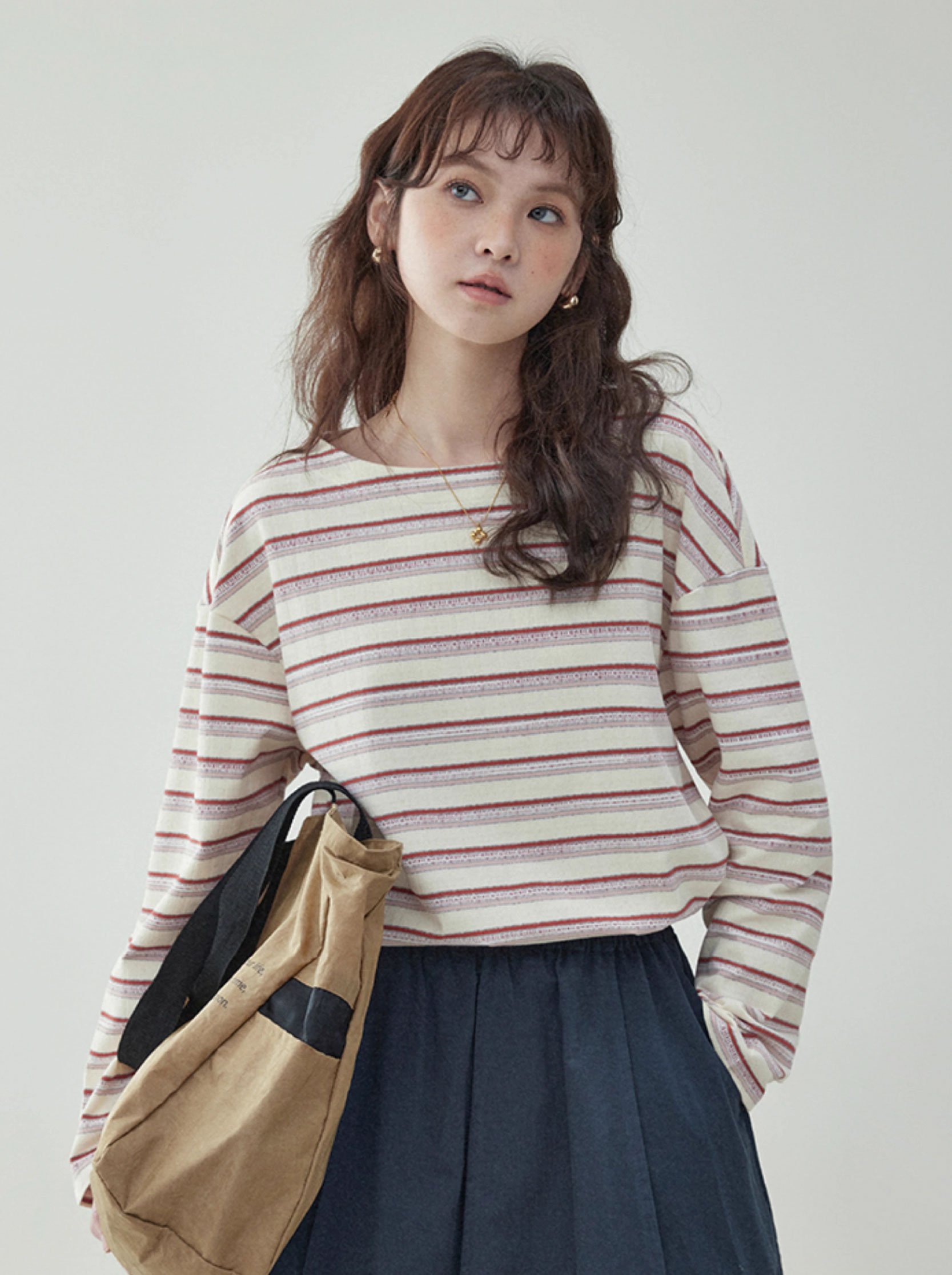 韓系一字領條紋長袖t卹女春季新款寬鬆慵懶上衣
