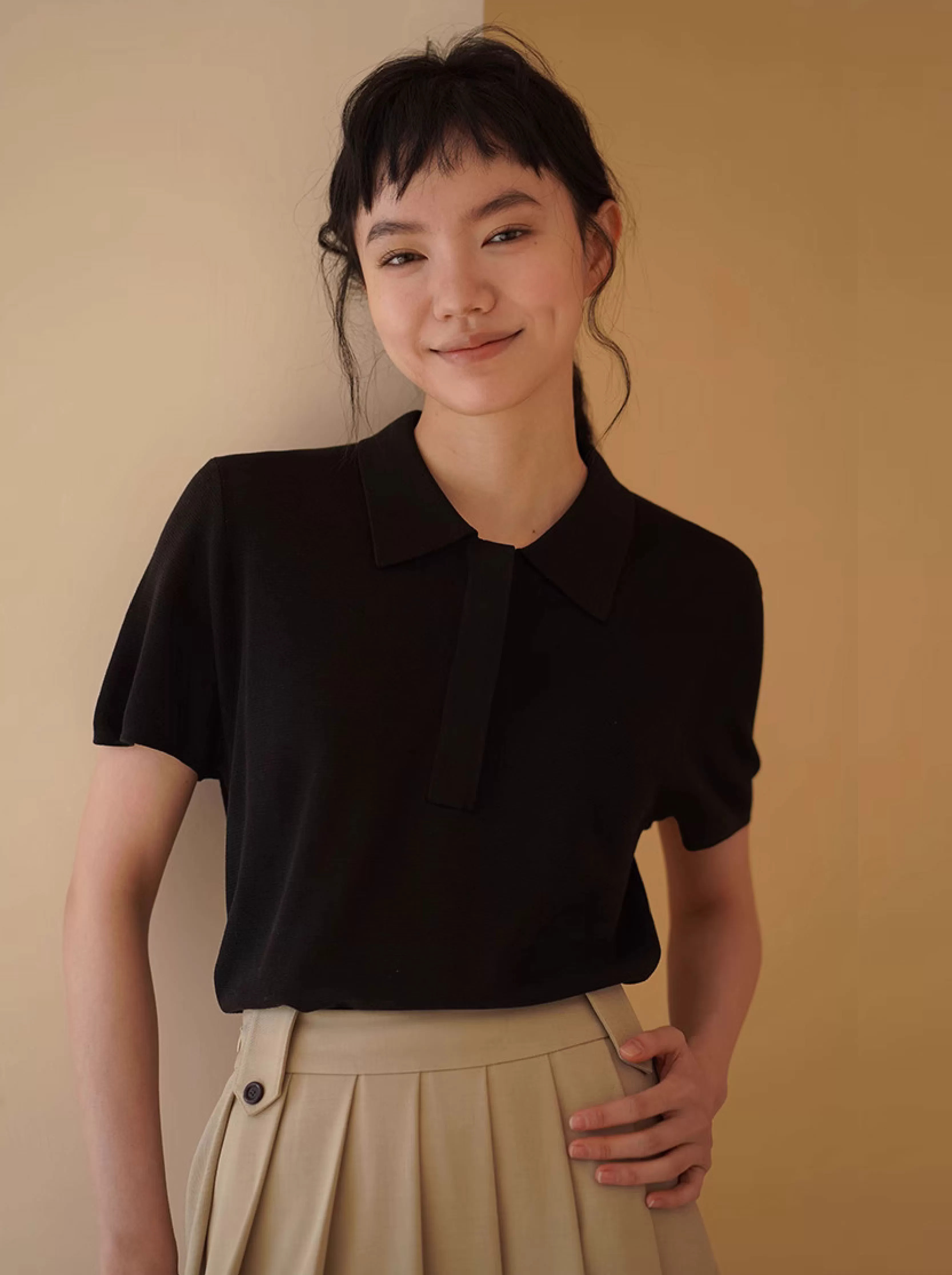 經典美式Polo衫進口斯托爾橫機16針涼爽寬鬆顯瘦針織女