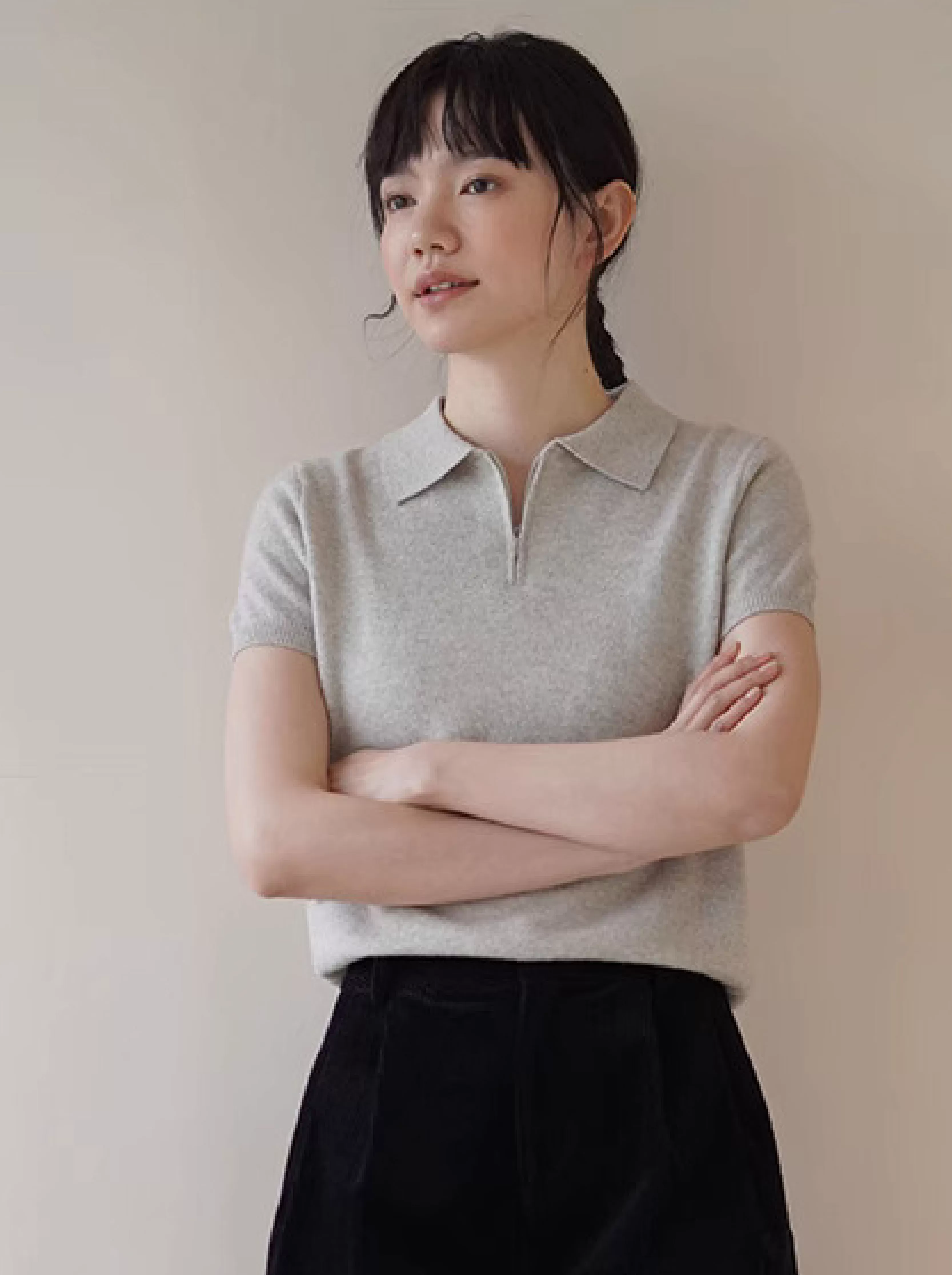 精緻老錢細軟親膚100羊毛Polo領短顯瘦針織短袖上衣女