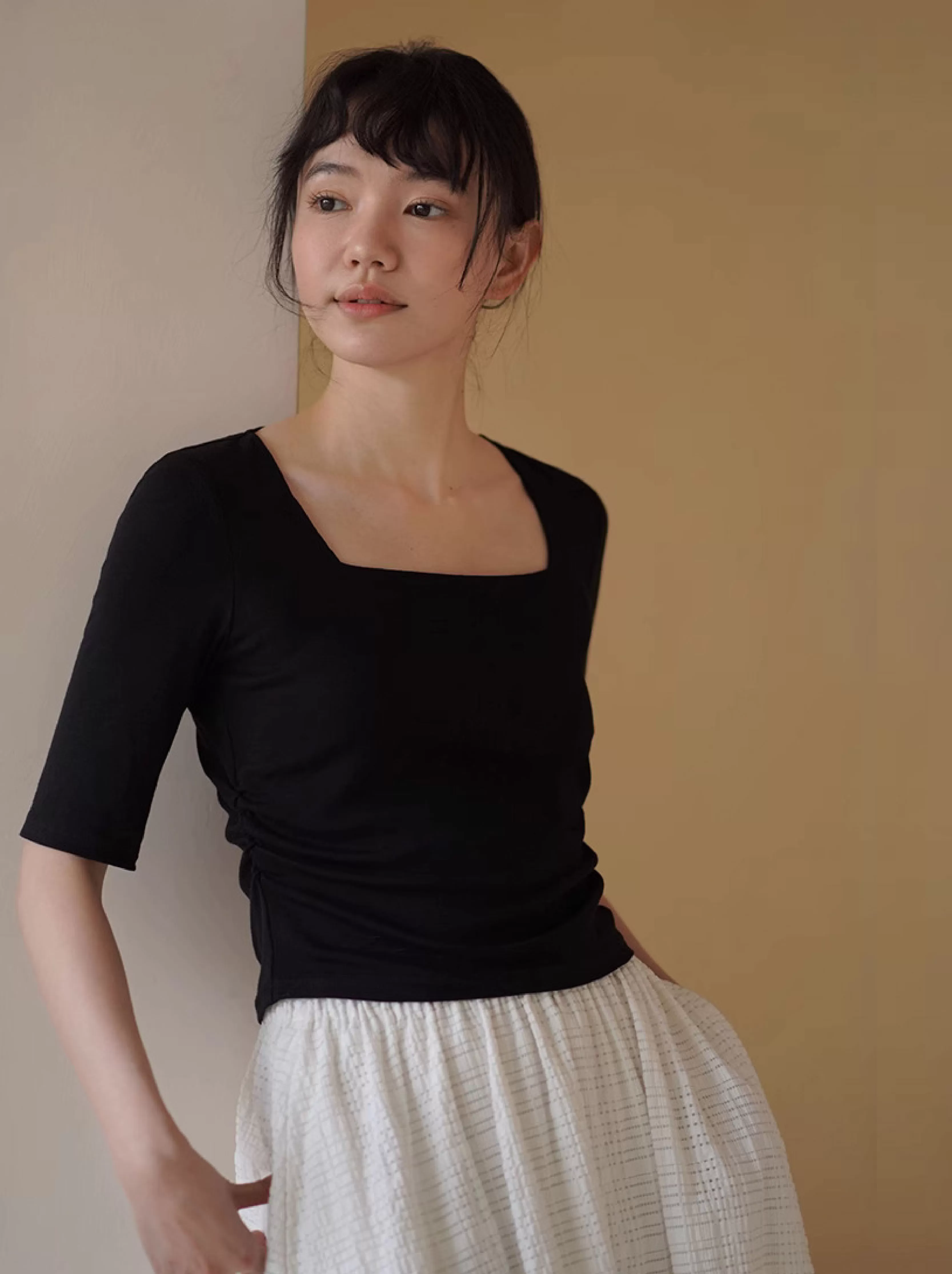氣質顯瘦方領上衣高彈棉混紡螺紋針織中袖通勤基本款T​​卹
